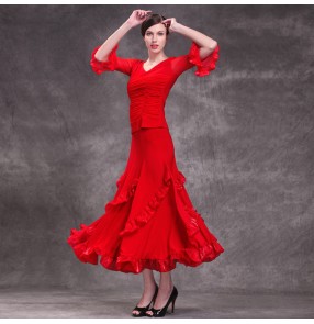 Black red long sleeves women's ladies female competition performance professional latin ballroom waltz tango flamenoco dance dresses outfits